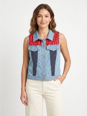 Carole Little Sport Denim Vest Americana Patriotic Stars Stripes Blue Red XL